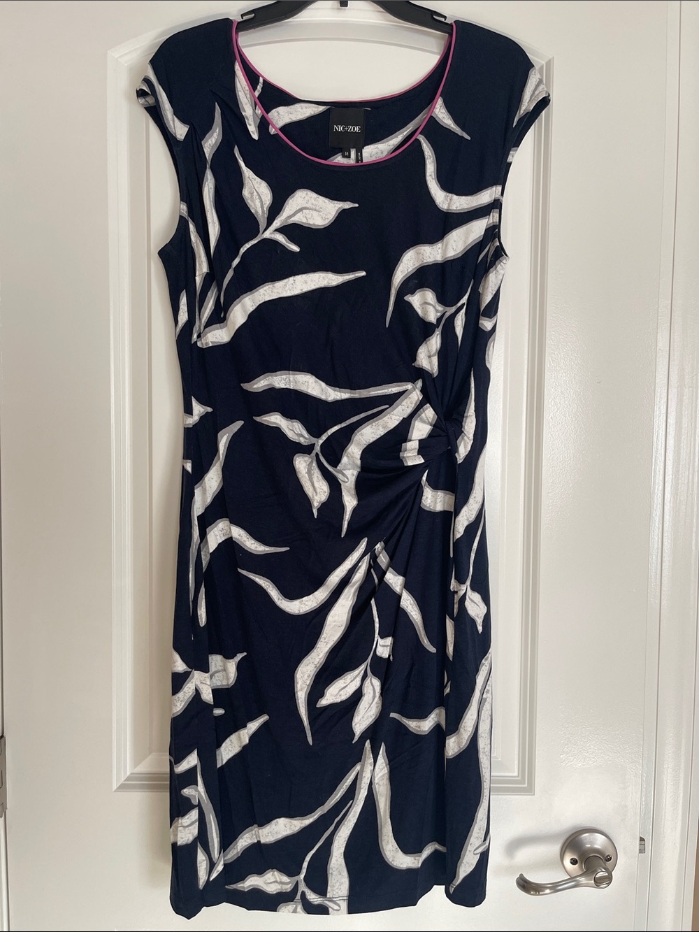 Navy & White Twist-Front Midi Dress with Pink Trim